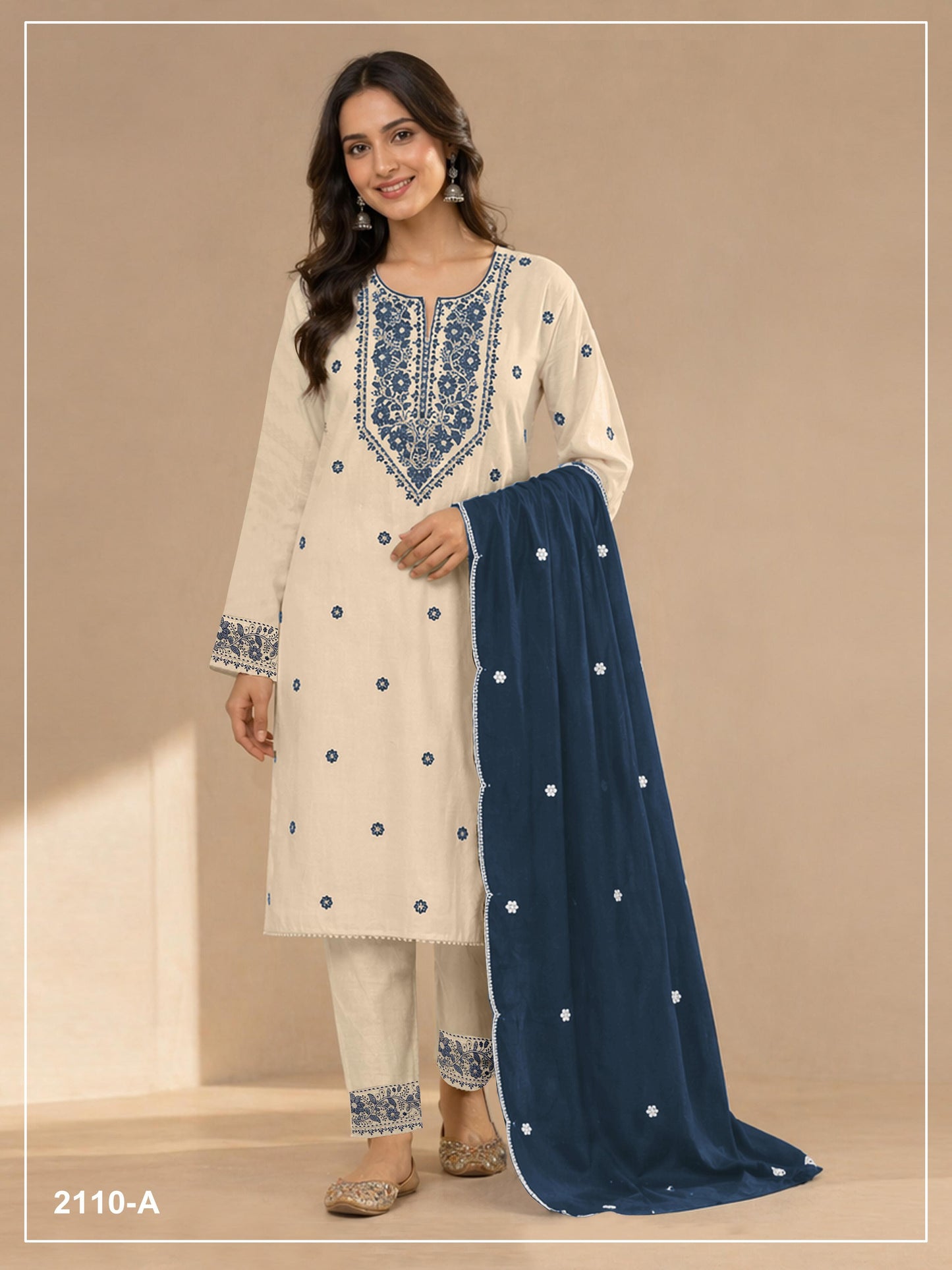 Anaita White Navy Khadi Cotton Suit with Embroidery & Patchwork