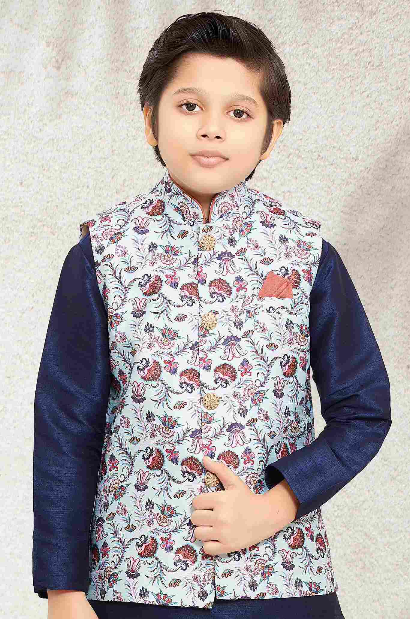 Raivat Ethnic Banarasi Silk Digital Printed Kurta Pajama With Jacket In Sky Blue Colour
