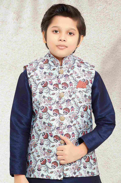 Raivat Ethnic Banarasi Silk Digital Printed Kurta Pajama With Jacket In Sky Blue Colour