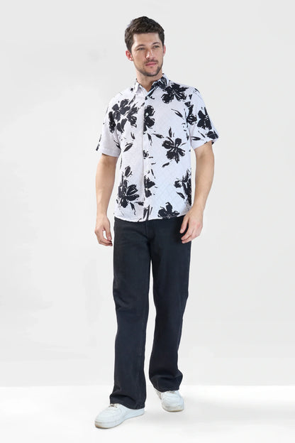 Xkind White Floral Printed Textured Regular Fit Shirt