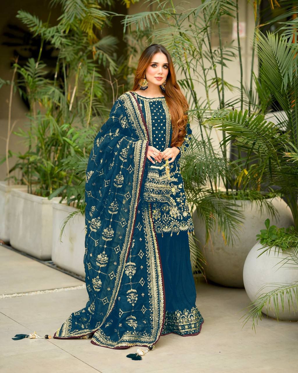 Anaita Teal Faux Georgette Readymade Suit with Embroidery & Moti Work