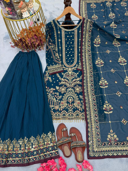 Anaita Teal Faux Georgette Readymade Suit with Embroidery & Moti Work