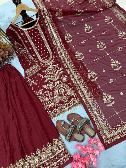 Anaita Maroon Faux Georgette Readymade Suit with Embroidery & Moti Work