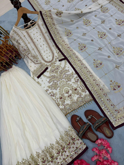 Anaita Off White Faux Georgette Readymade Suit with Embroidery & Moti Work