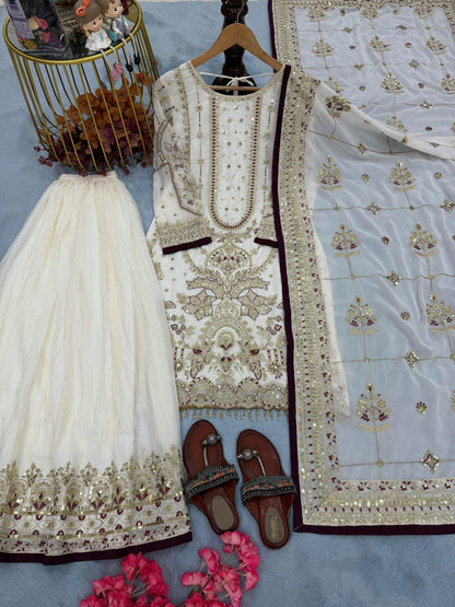 Anaita Off White Faux Georgette Readymade Suit with Embroidery & Moti Work