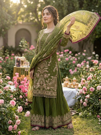 Anaita Mehendi Faux Georgette Readymade Suit with Embroidery & Moti Work