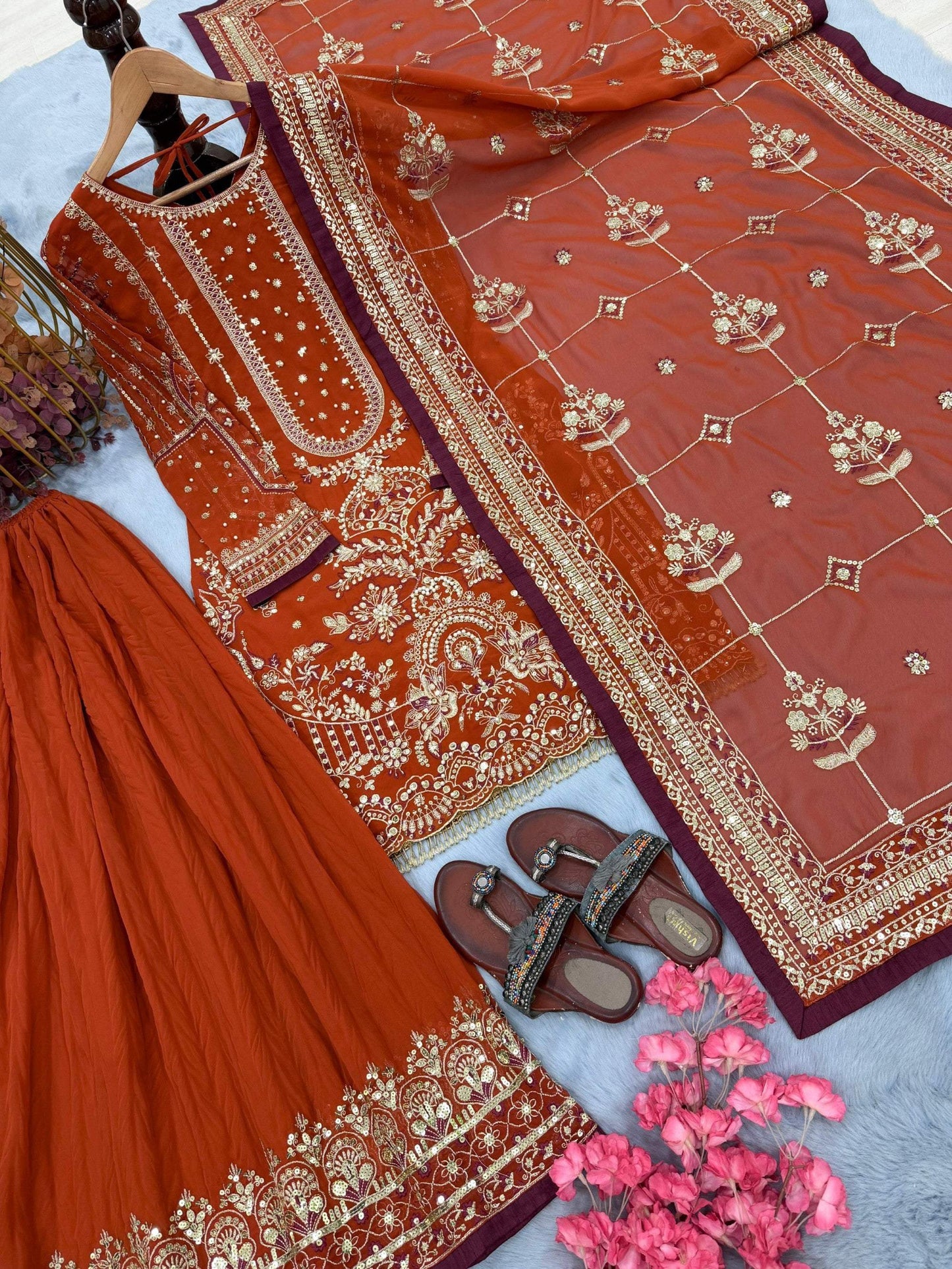Anaita Orange Faux Georgette Readymade Suit with Embroidery & Moti Work