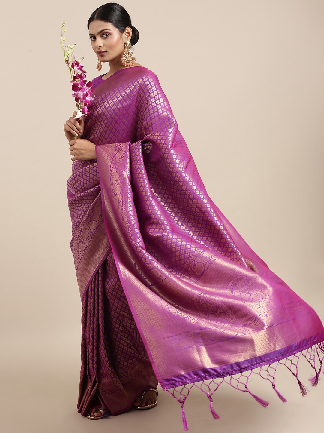 Saree Mall Purple Ethnic Motifs Zari Silk Blend Banarasi Sarees