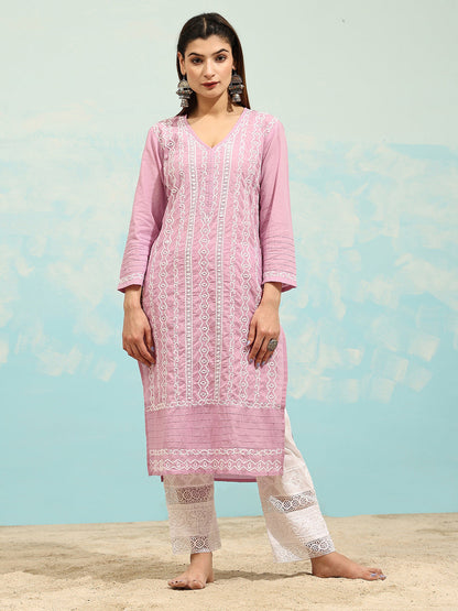 HOUSE OF KARI Cotton Floral Embroidered Chikankari Kurta