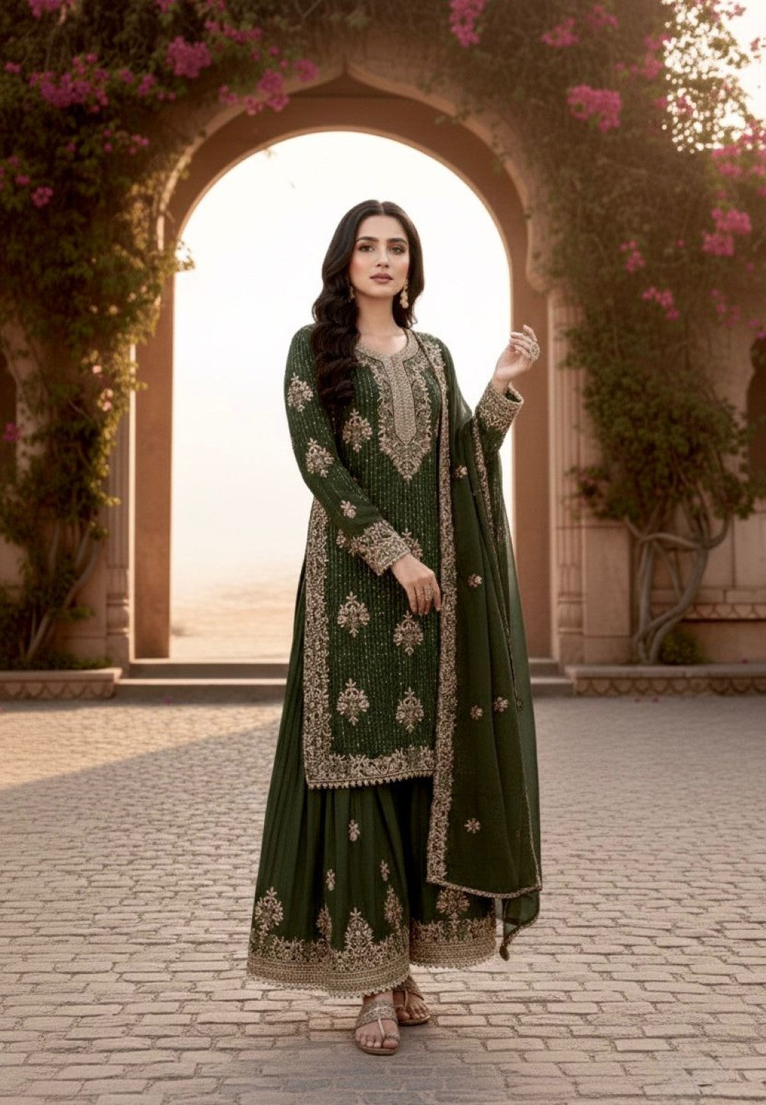 Anaita Mehendi Silk Readymade Suit with Embroidery & Diamond Work