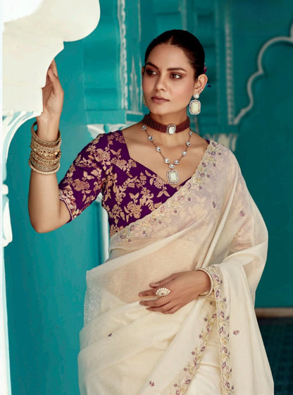 Anaita Beige Embroidery Work Saree With Jacquard Work Blouse Piece