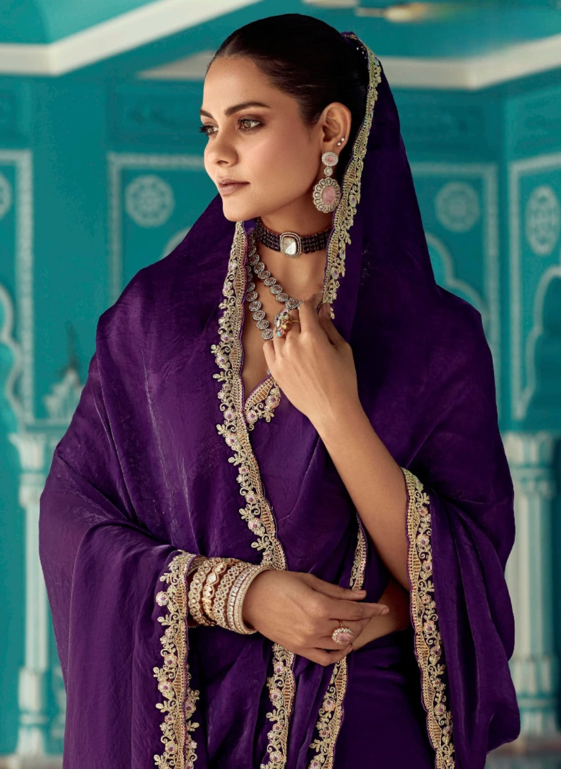 Anaita Violet Embroidery Work Saree With Jacquard Work Blouse Piece