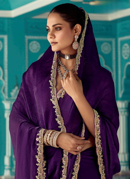 Anaita Violet Embroidery Work Saree With Jacquard Work Blouse Piece