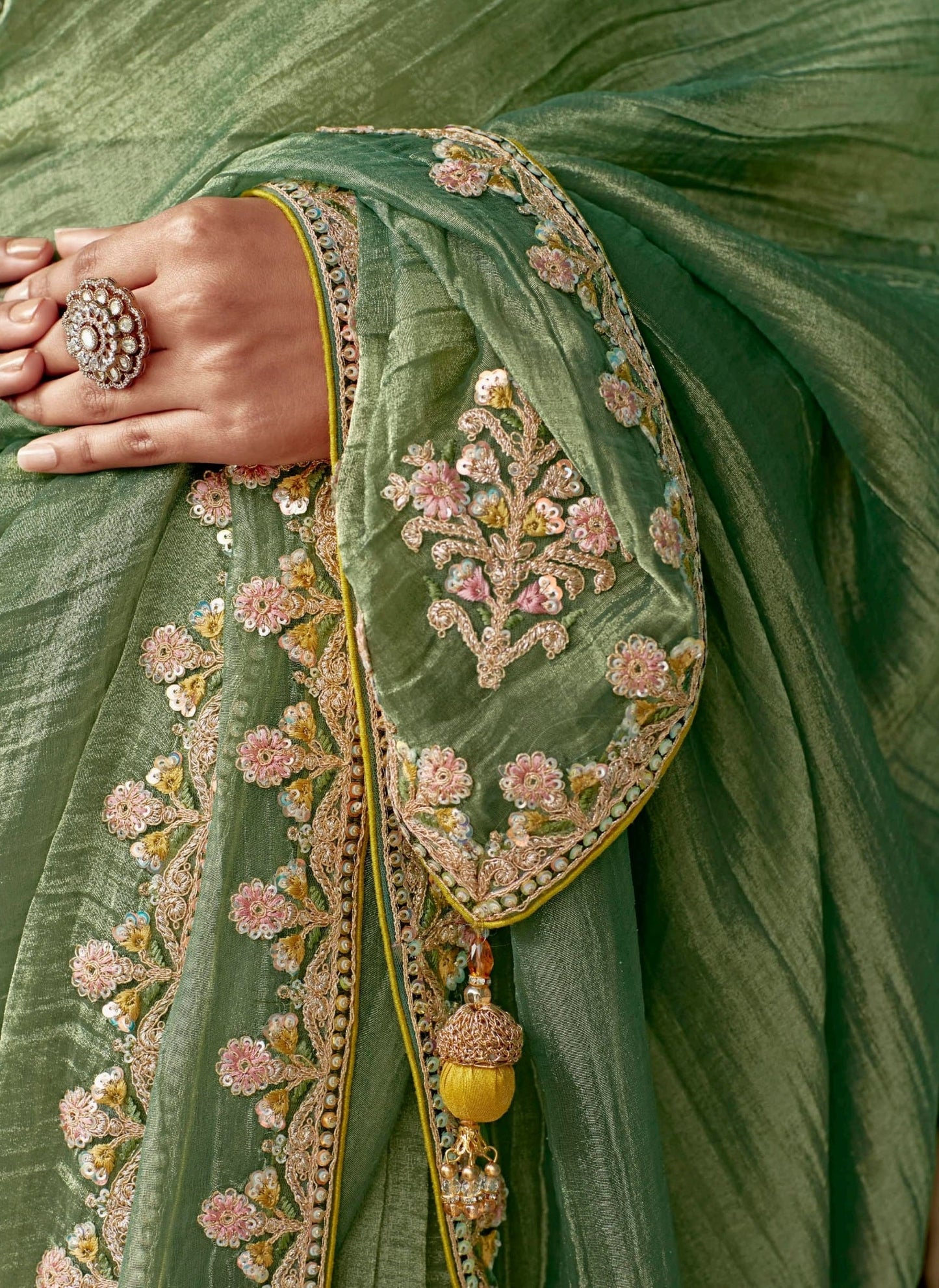 Anaita Green Embroidery Work Saree With Jacquard Work Blouse Piece