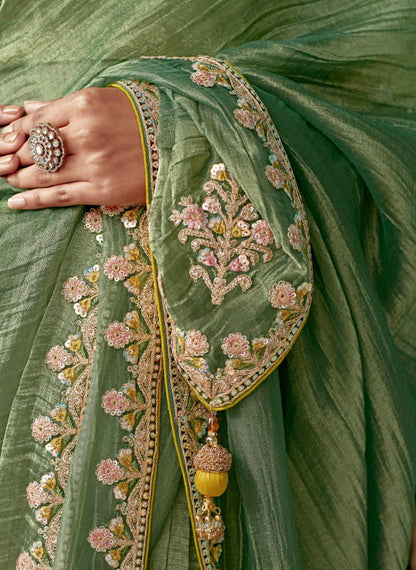 Anaita Green Embroidery Work Saree With Jacquard Work Blouse Piece