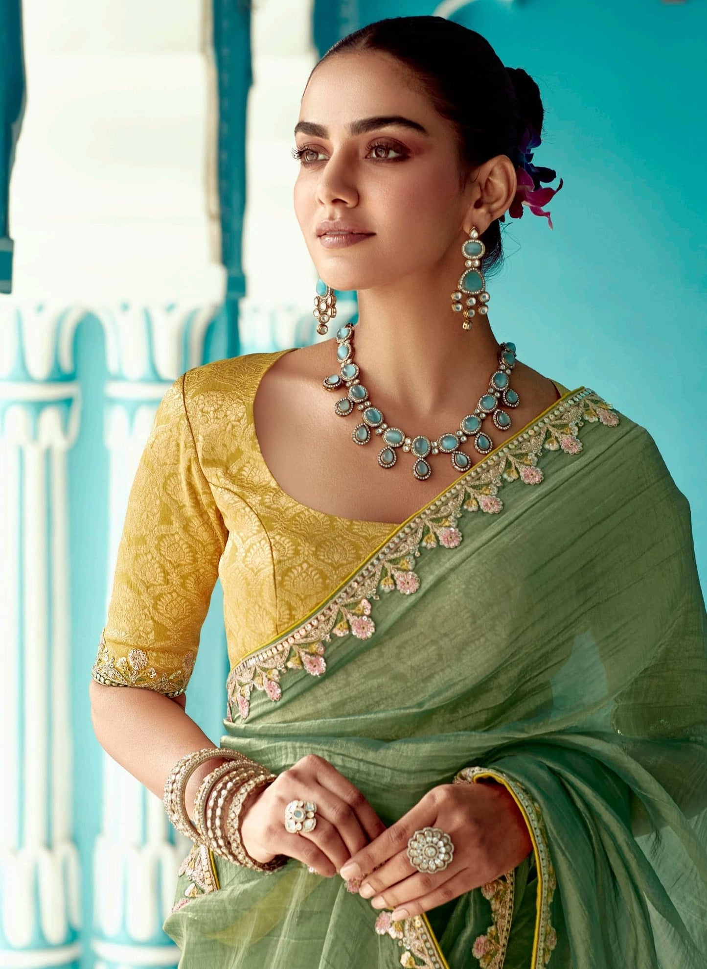 Anaita Green Embroidery Work Saree With Jacquard Work Blouse Piece