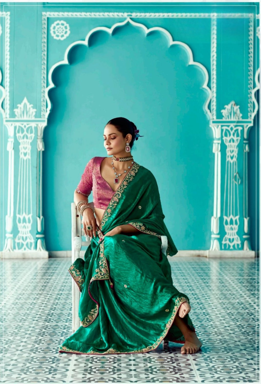 Anaita Dark Green Embroidery Work Saree With Jacquard Work Blouse Piece