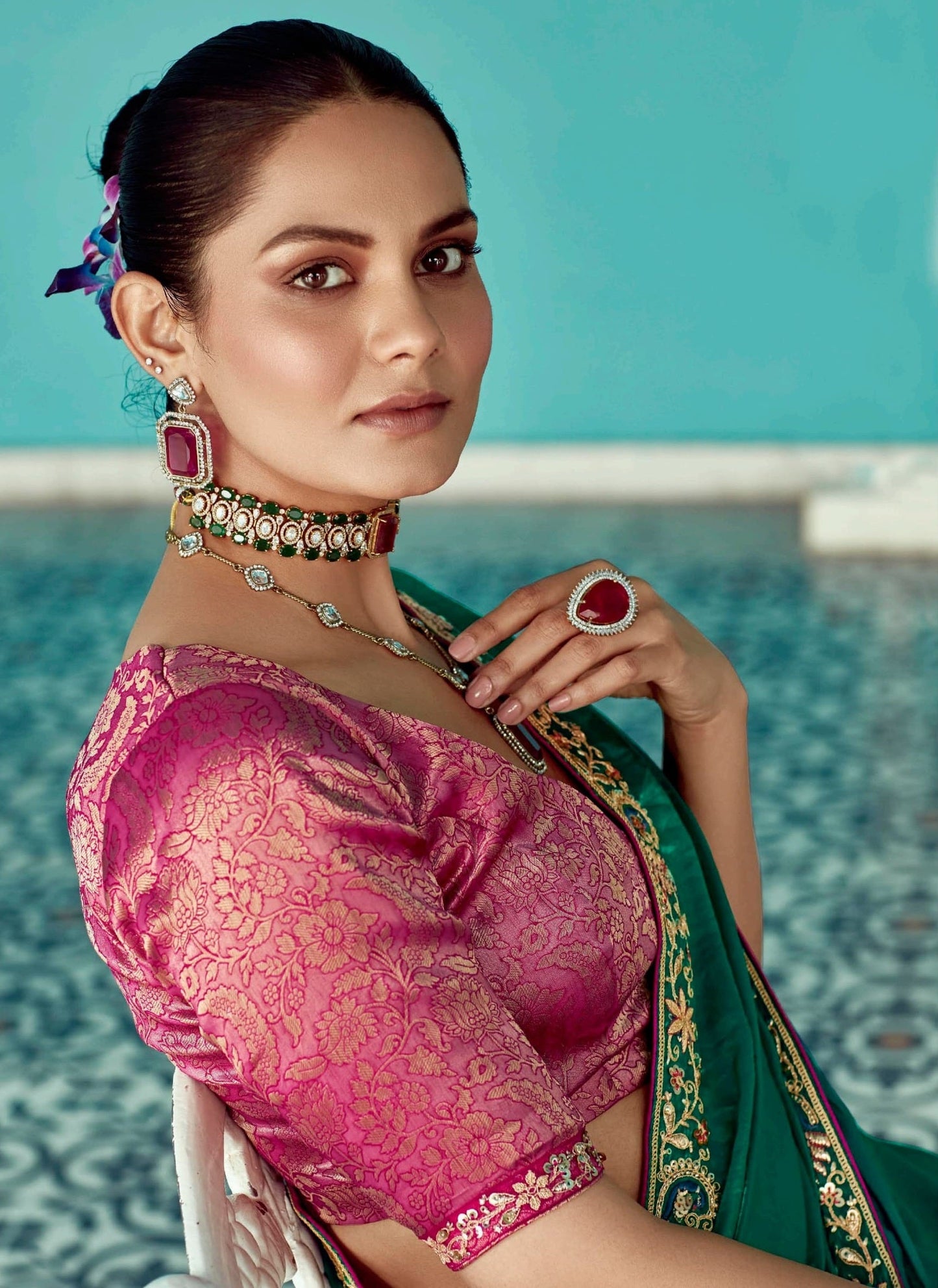 Anaita Dark Green Embroidery Work Saree With Jacquard Work Blouse Piece