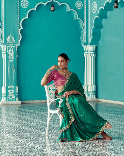 Anaita Dark Green Embroidery Work Saree With Jacquard Work Blouse Piece