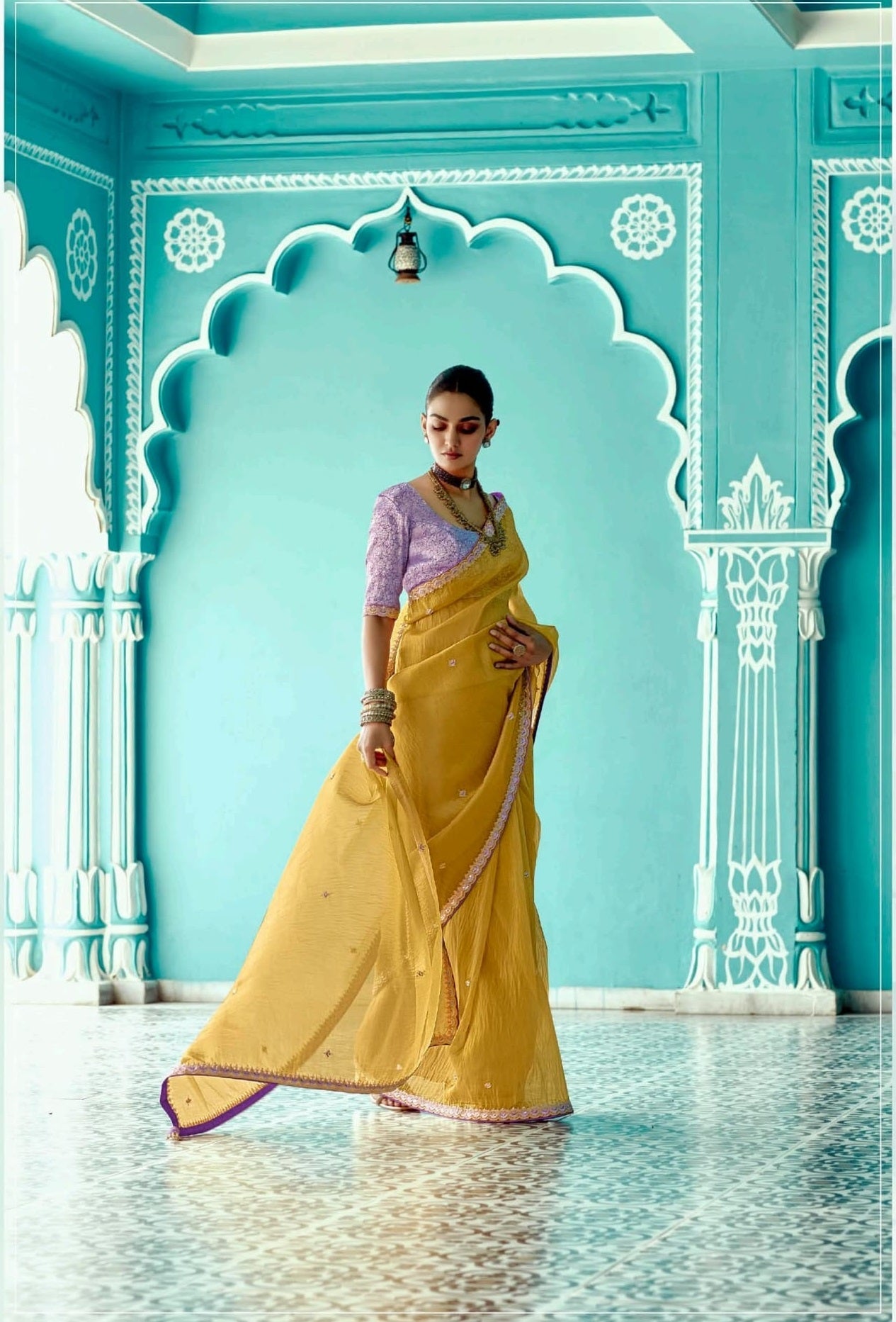 Anaita Yellow Embroidery Work Saree With Jacquard Work Blouse Piece