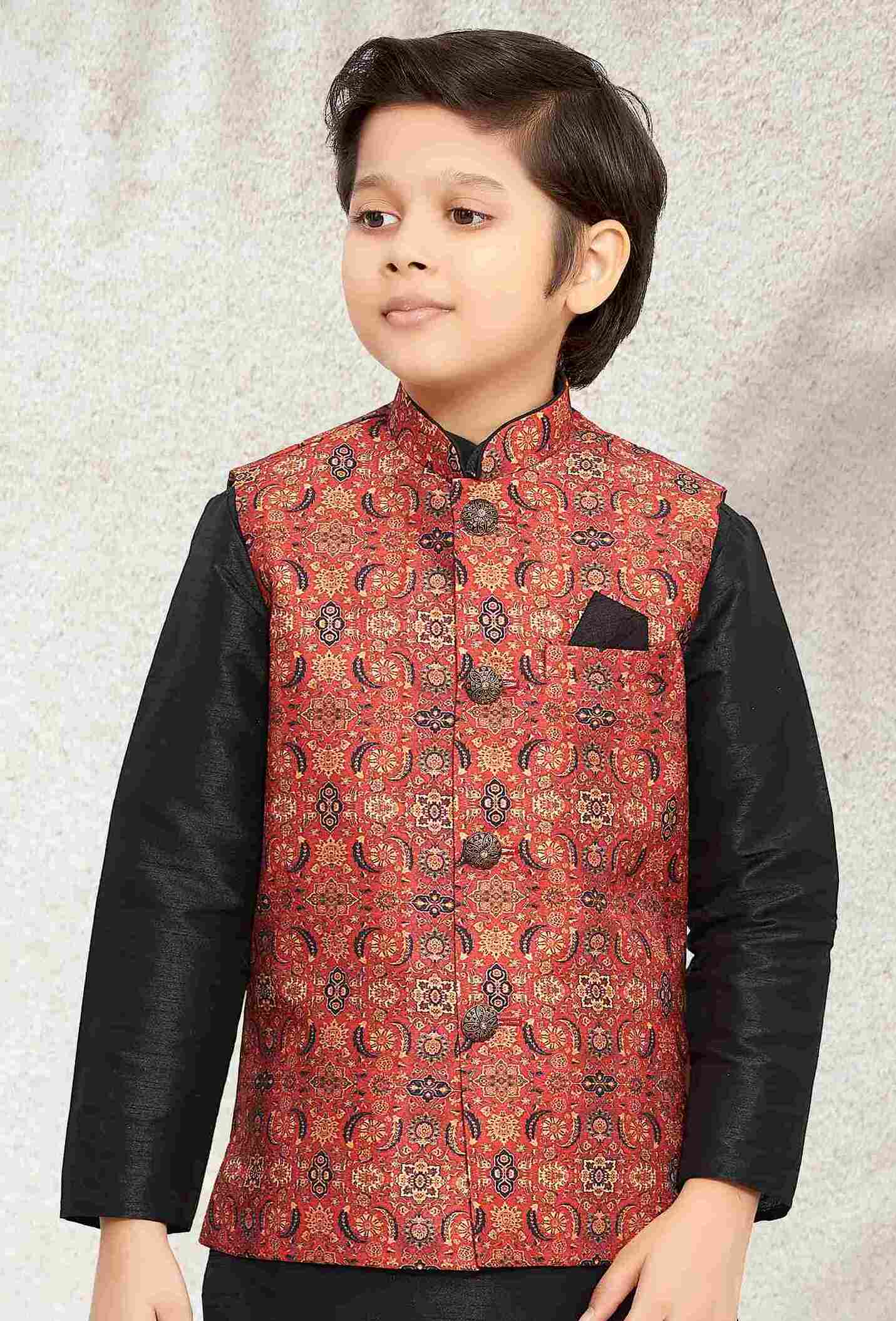 Raivat Ethnic Banarasi Silk Digital Printed Kurta Pajama With Jacket In Maroon Colour