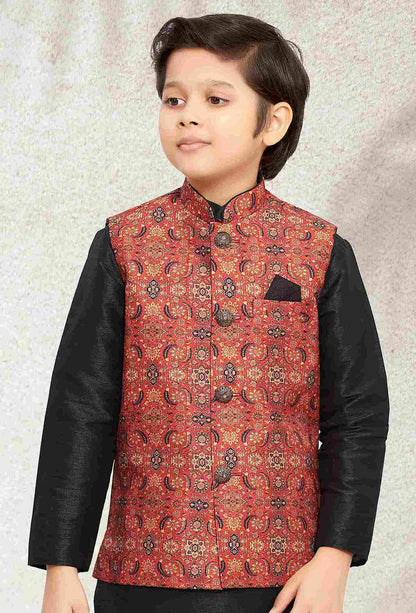 Raivat Ethnic Banarasi Silk Digital Printed Kurta Pajama With Jacket In Maroon Colour