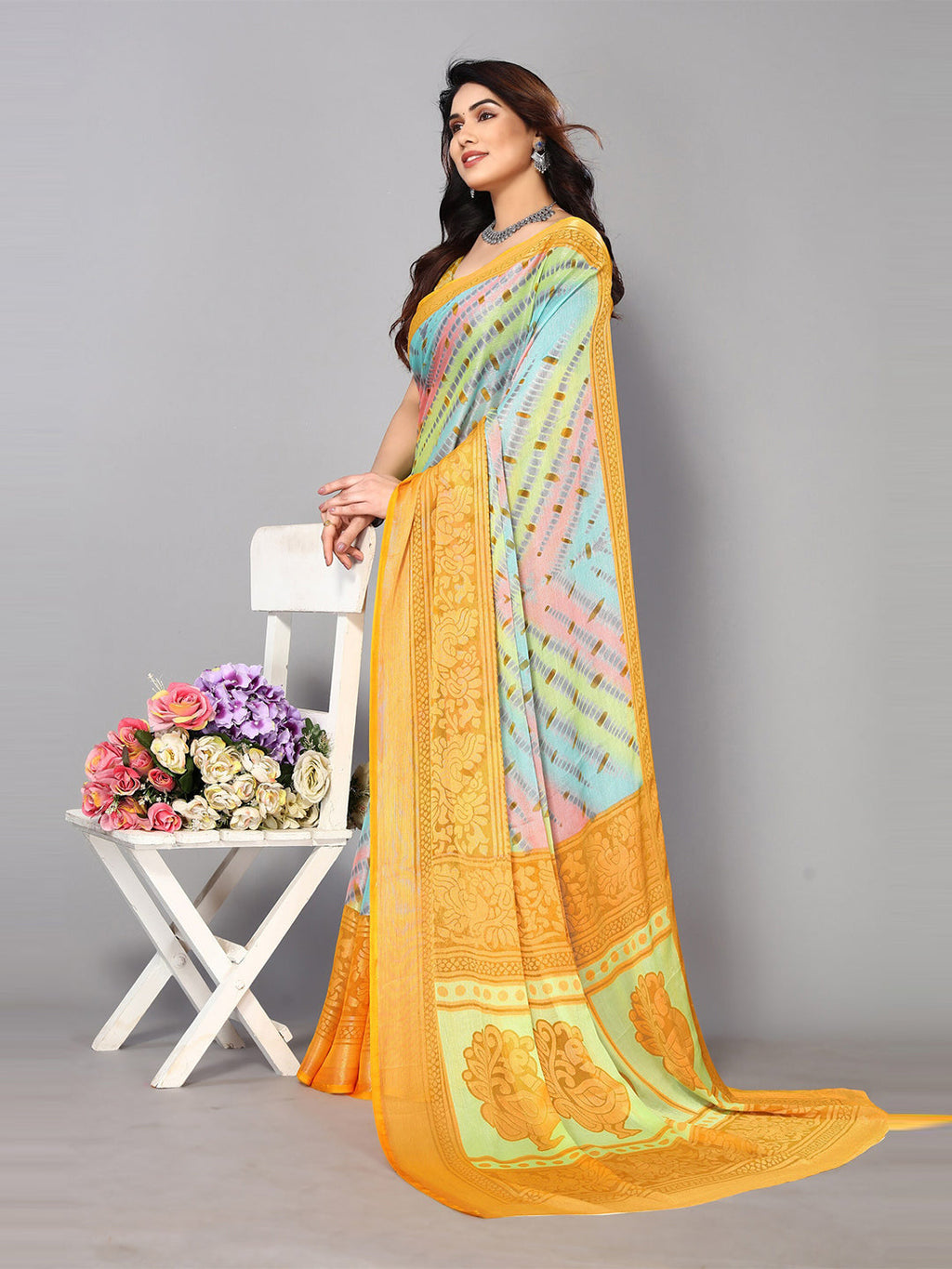 Fabmora Printed Zari Pure Chiffon Brasso Saree