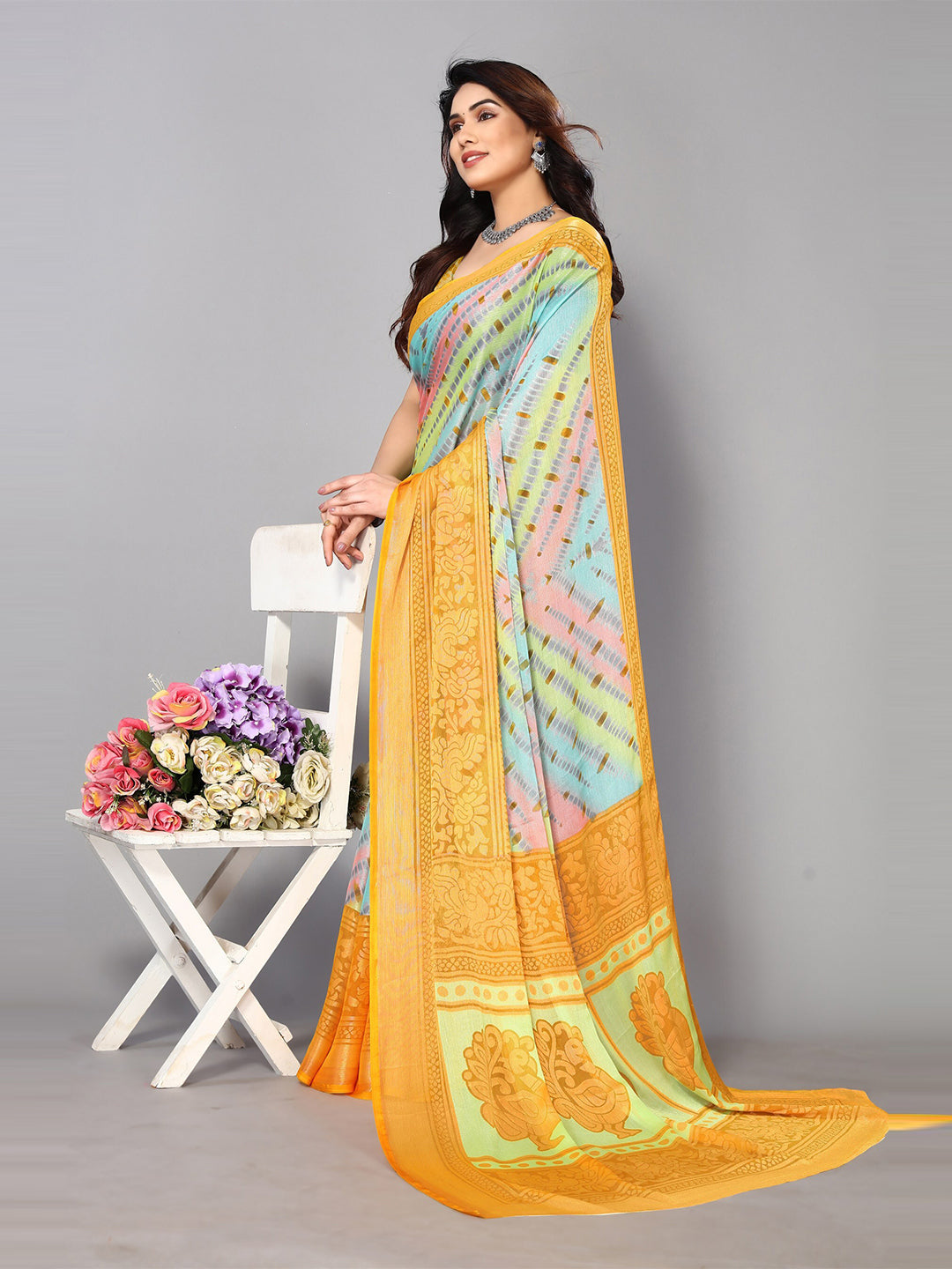 Fabmora Printed Zari Pure Chiffon Brasso Saree