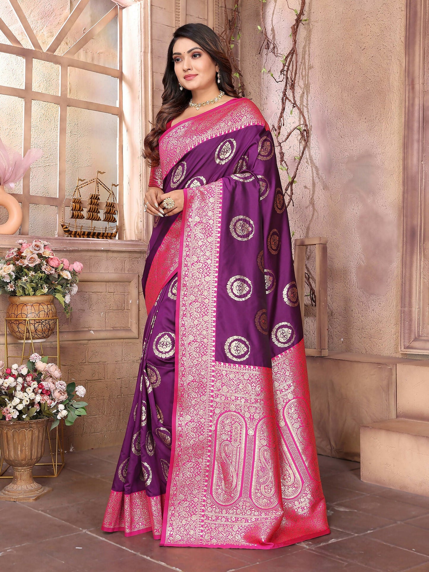 Joban Fashion Purple Banarasi Soft Silk Woven Saree