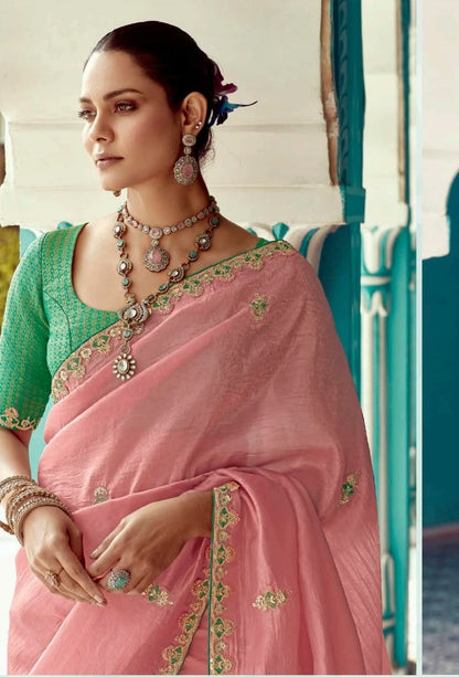 Anaita Pink Embroidery Work Saree With Jacquard Work Blouse Piece