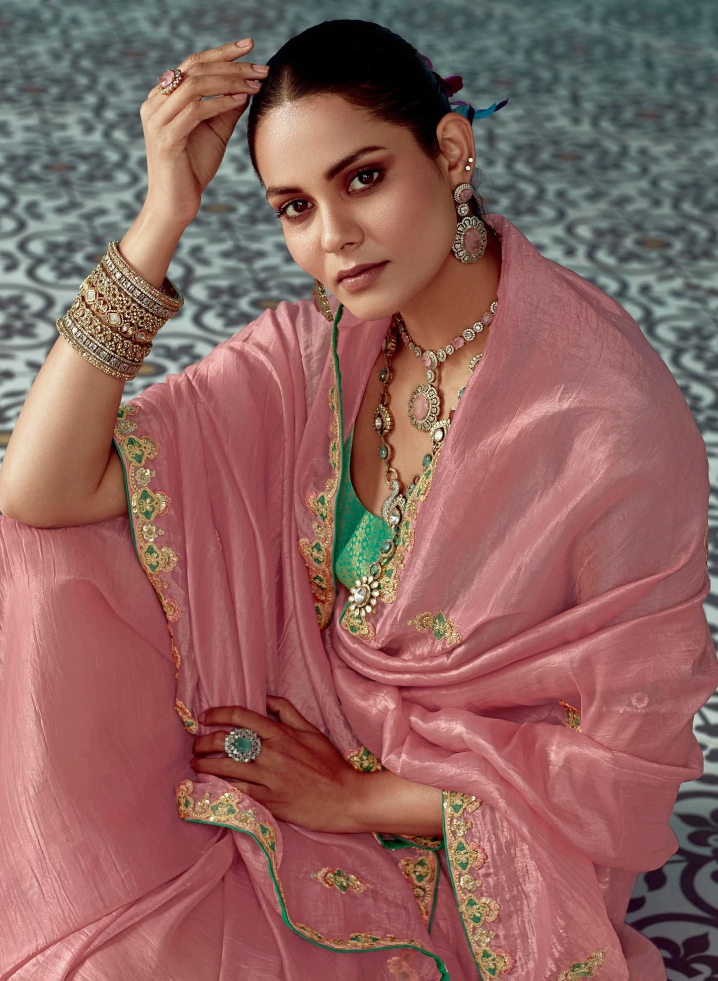 Anaita Pink Embroidery Work Saree With Jacquard Work Blouse Piece