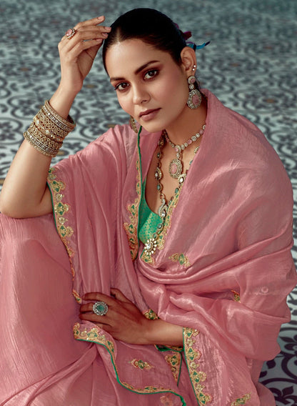 Anaita Pink Embroidery Work Saree With Jacquard Work Blouse Piece