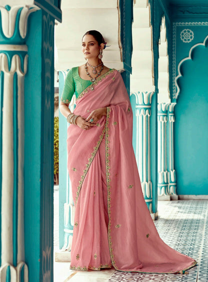 Anaita Pink Embroidery Work Saree With Jacquard Work Blouse Piece