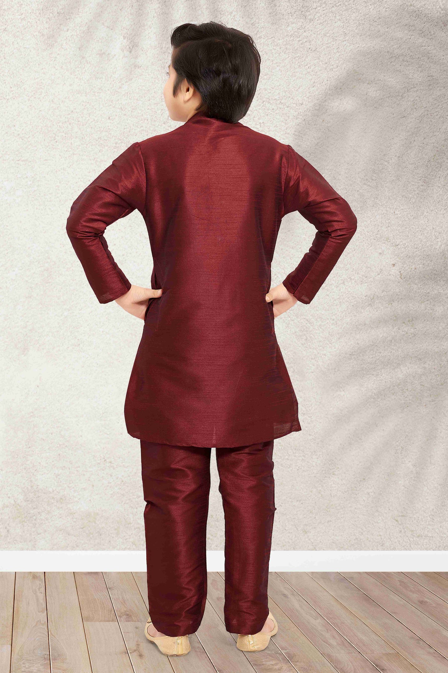 Raivat Ethnic Art Banarasi Silk Kids Kurta Pajama In Maroon Colour