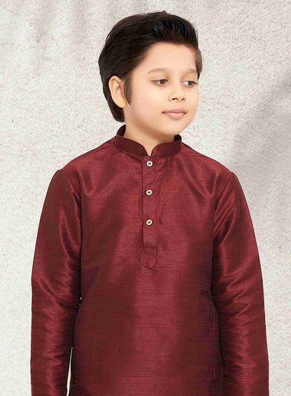 Raivat Ethnic Art Banarasi Silk Kids Kurta Pajama In Maroon Colour