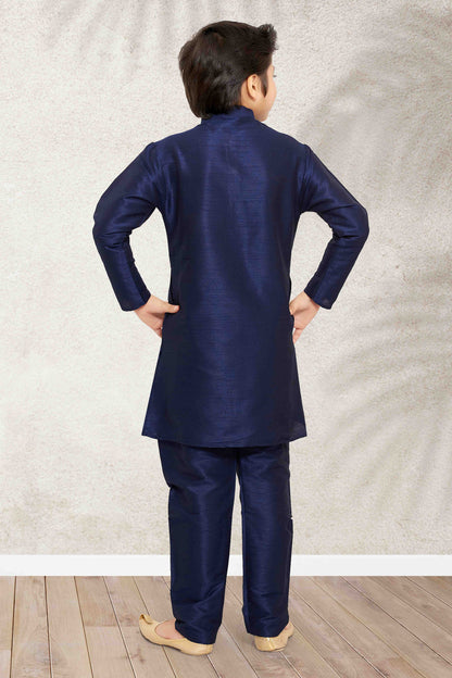 Raivat Ethnic Art Banarasi Silk Kids Kurta Pajama In Blue Colour