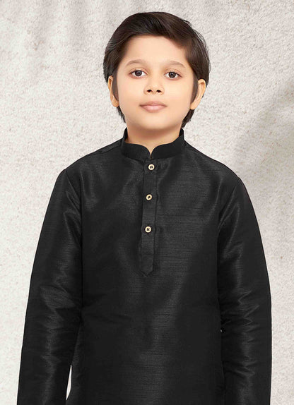Raivat Ethnic Art Banarasi Silk Kids Kurta Pajama In Black Colour