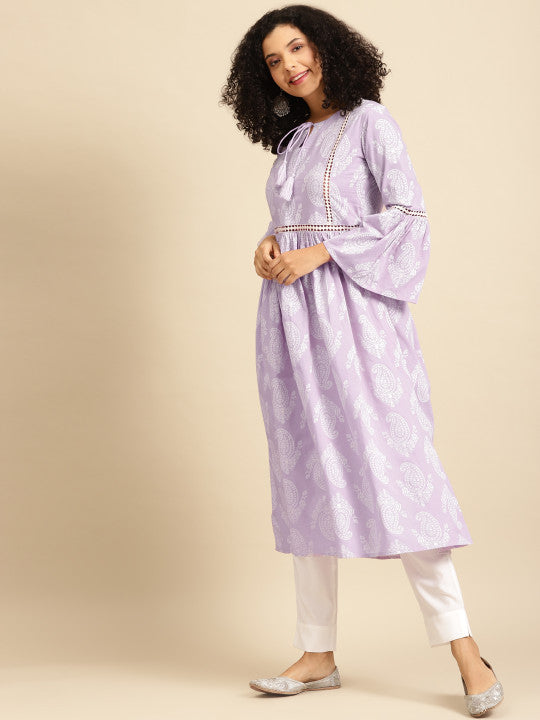Anayna Women Lavender & White Paisley Screen Print Bell Sleeves Cotton Pastels Kurta