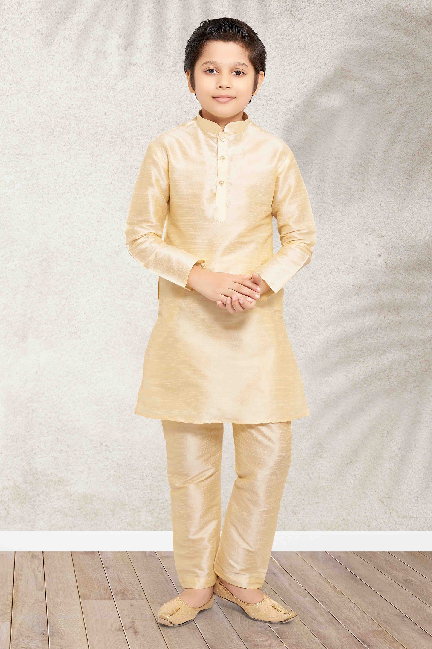 Raivat Ethnic Art Banarasi Silk Kids Kurta Pajama In Gold Colour