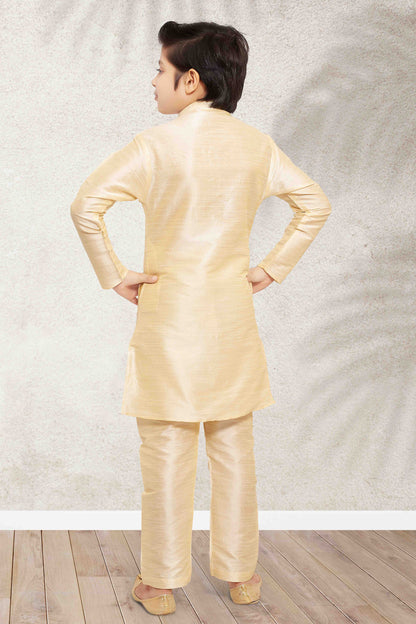 Raivat Ethnic Art Banarasi Silk Kids Kurta Pajama In Gold Colour