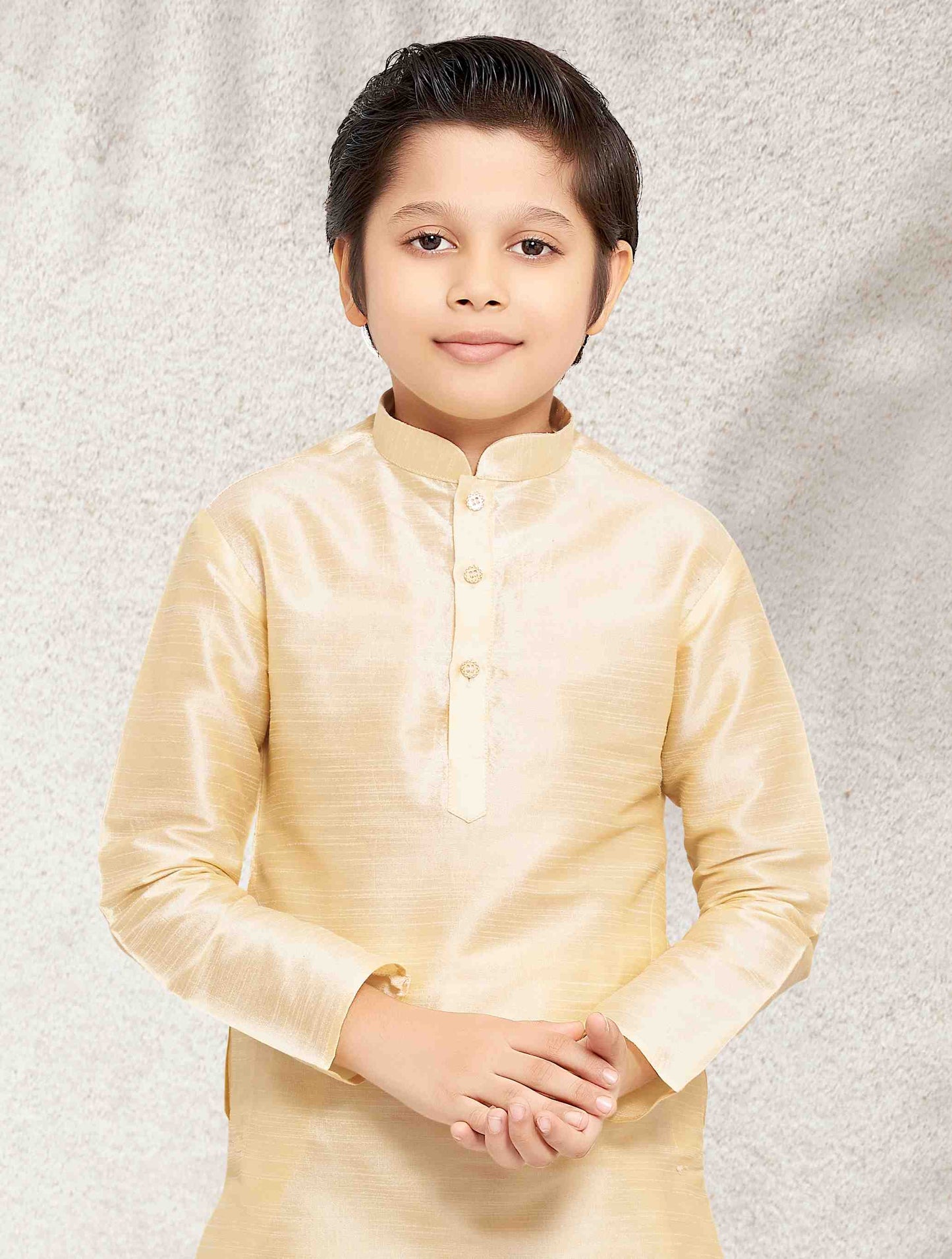 Raivat Ethnic Art Banarasi Silk Kids Kurta Pajama In Gold Colour