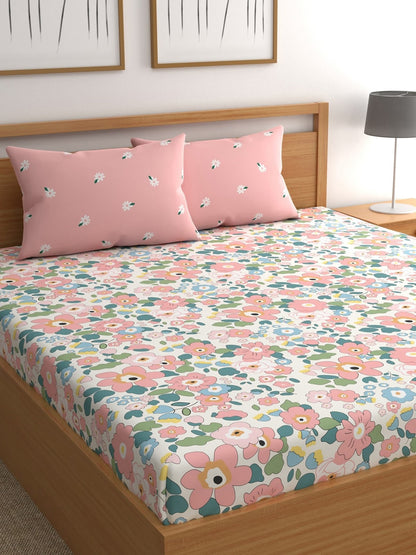 CHHAVI INDIA Pink & Blue Floral 210 TC Bedsheet with Pillow Covers