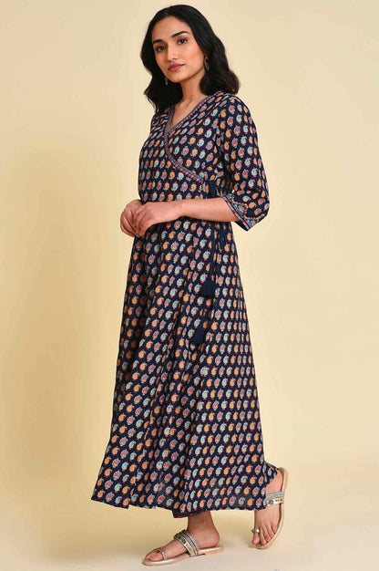 W for Woman Navy Blue Multicolor Printed Angrakha kurta Set