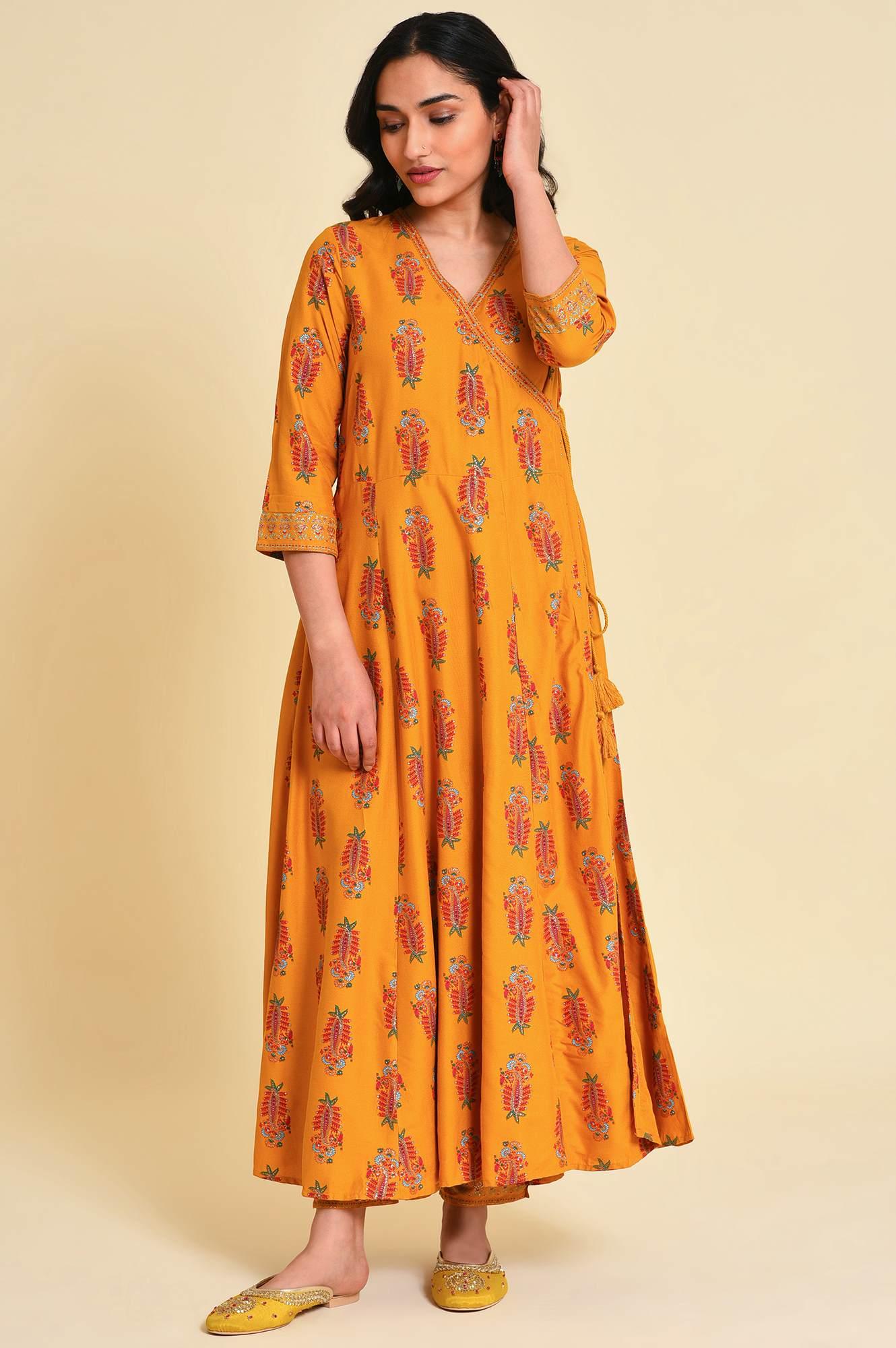 W for Woman Yellow Multicolor Printed Angrakha kurta Set