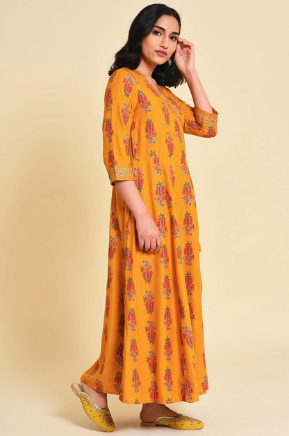 W for Woman Yellow Multicolor Printed Angrakha kurta Set