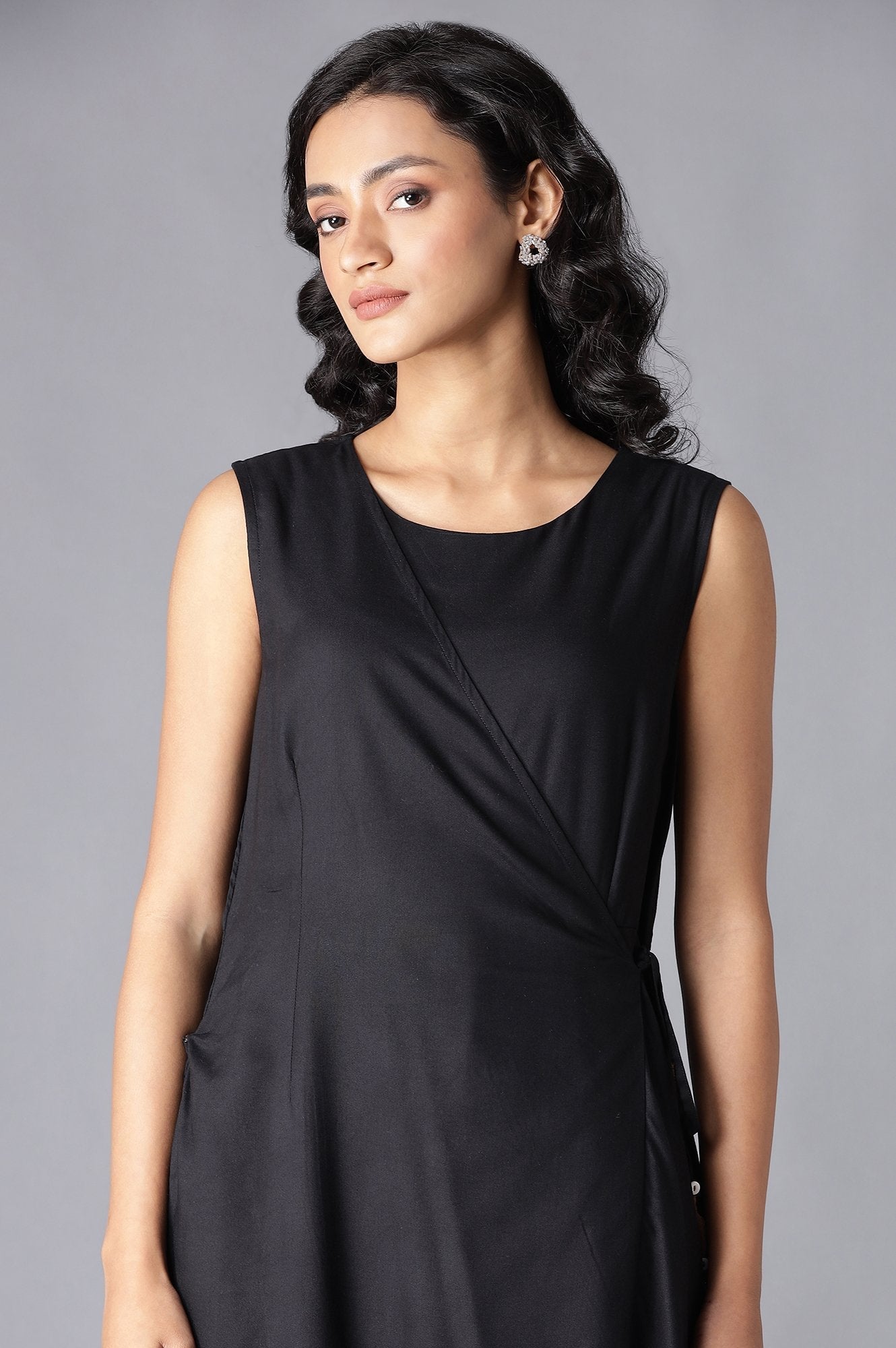W for Woman Black Angrakha Maxi Dress In Round Neck