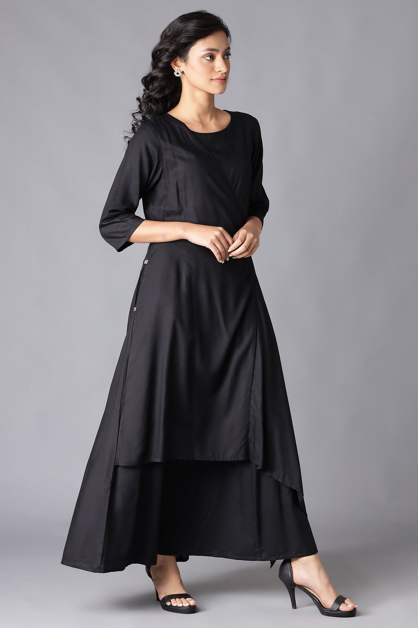 W for Woman Black Angrakha Maxi Dress In Round Neck