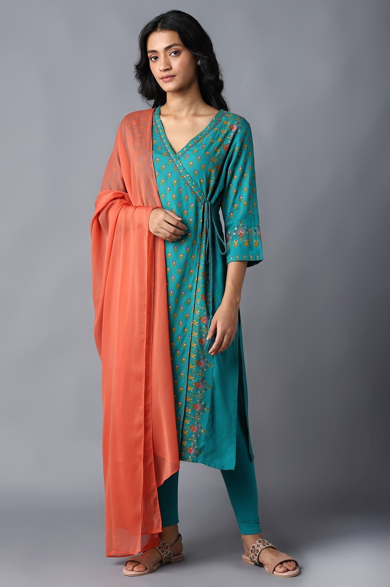 W for Woman Orange Crinkled Chiffon Solid Dupatta
