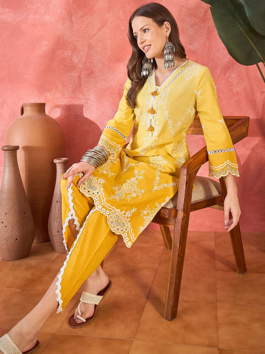 Sangria Floral Embroidered Chikankari V-Neck Pure Cotton Straight Fusion Kurta With Trousers
