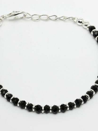 NVR Women Silver Plated Black Beaded Adjustable Rakhi With Roli Chawal